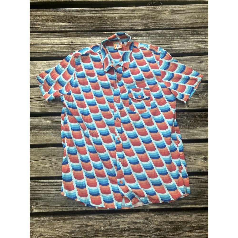 Mokuyobi 90s Print Button Up Down Shirt Collard Blue Orange Print MultiColor XXL